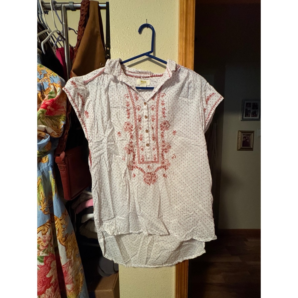 Maeve Anthropologie White Red Polka Dot Embroidered Boho Blouse Small OB812184